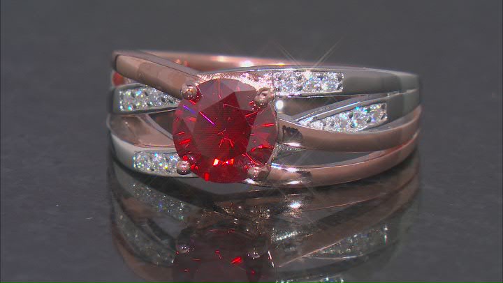 Red and colorless moissanite 14k rose gold and  platineve over silver two tone ring 1.62ctw DEW Video Thumbnail