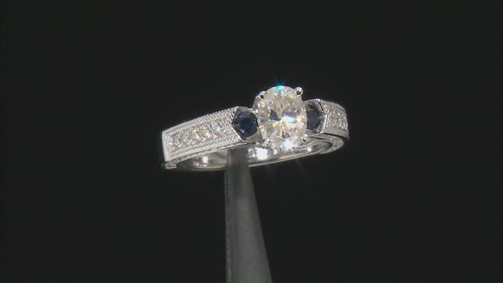 Moissanite and blue sapphire platineve engagement ring 2.26ctw DEW Video Thumbnail