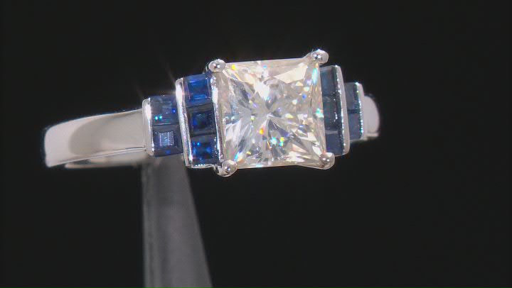Moissanite and blue sapphire platineve engagement ring 2.10ct DEW Video Thumbnail