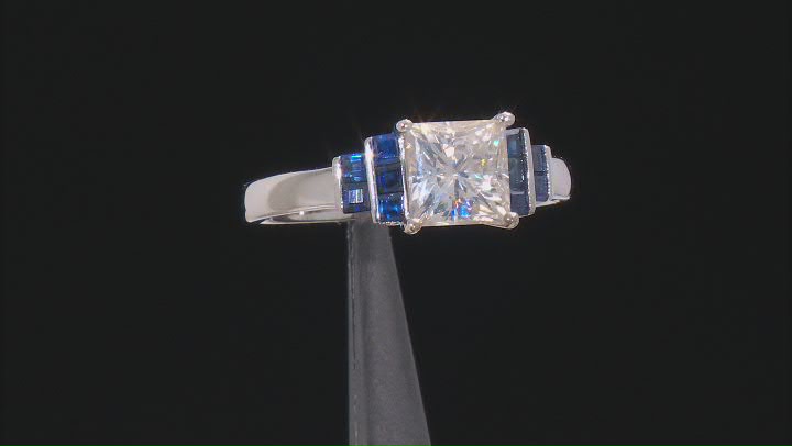 Moissanite and blue sapphire platineve engagement ring 2.10ct DEW Video Thumbnail