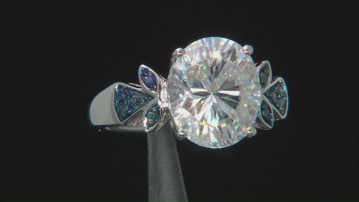 Moissanite and blue diamond platineve center design ring 5.80ct DEW. Video Thumbnail