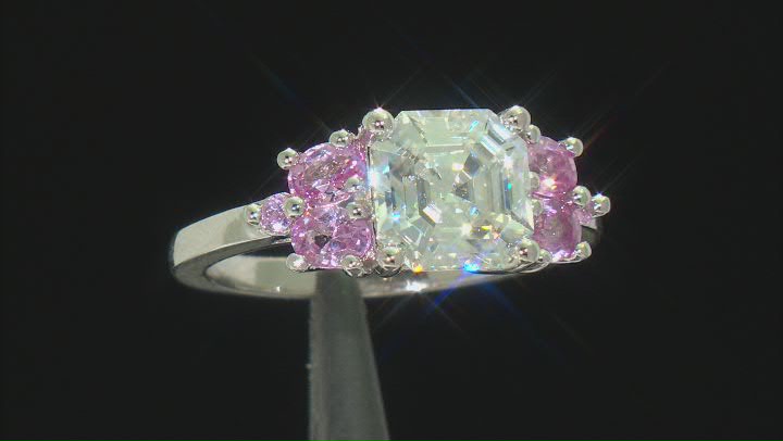 Moissanite and pink sapphire platineve ring 2.96ct DEW Video Thumbnail