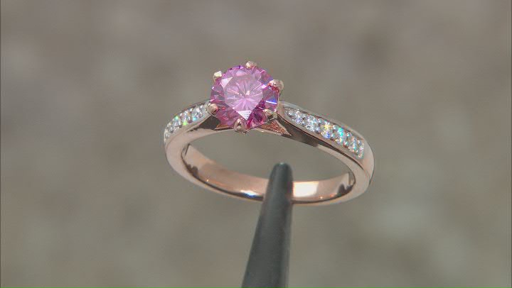 Pink and colorless moissanite 14k rose gold over sterling silver engagement ring 1.18ctw DEW Video Thumbnail