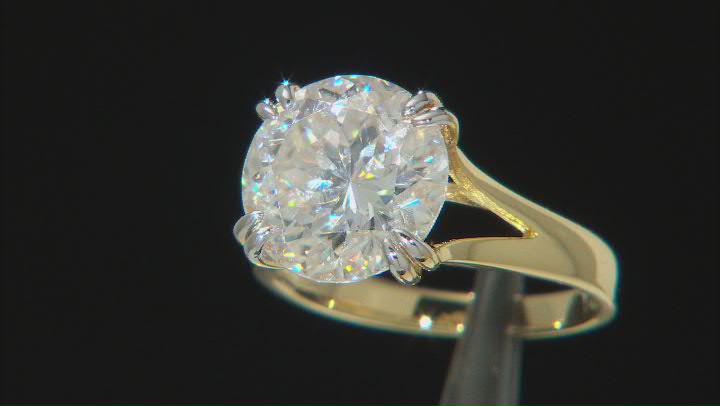 Moissanite Inferno cut 14k yellow gold over sterling silver ring 5.66ct DEW. Video Thumbnail