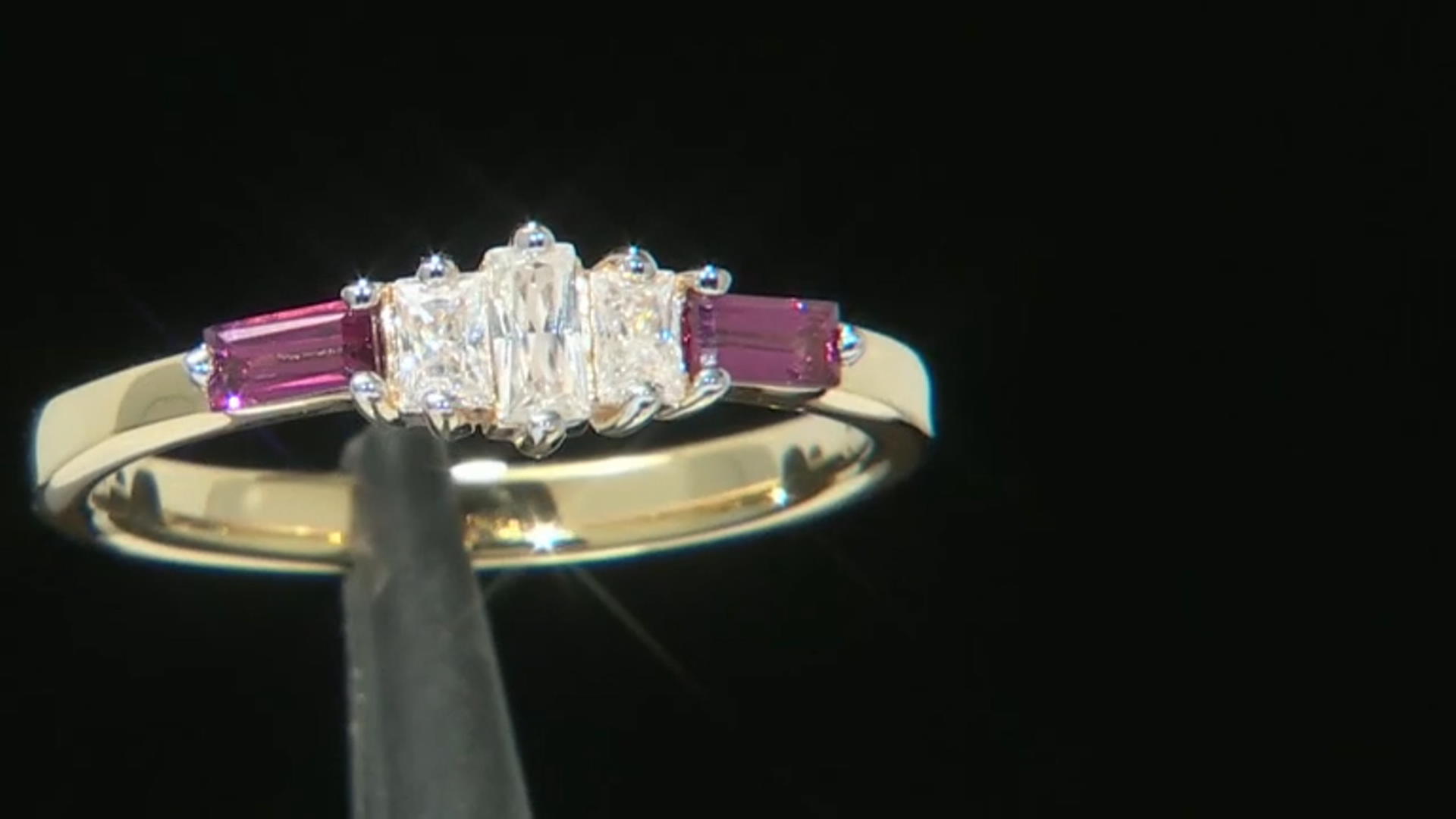 Moissanite and rhodolite 14k yellow gold over sterling silver ring .27ctw DEW Video Thumbnail