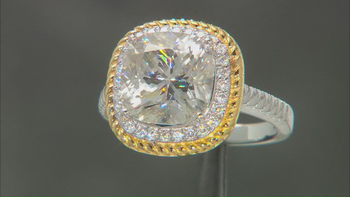 Moissanite platineve and 14k yellow gold over silver halo ring 5.30ctw DEW Video Thumbnail