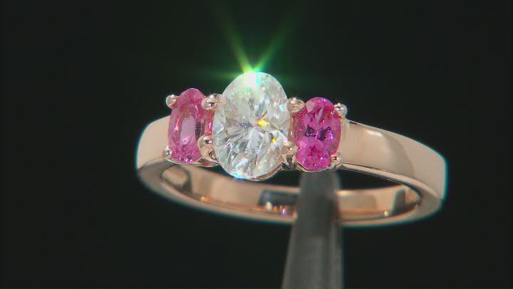 Moissanite and pink spinel 14k rose gold over sterling silver ring .90ct DEW. Video Thumbnail