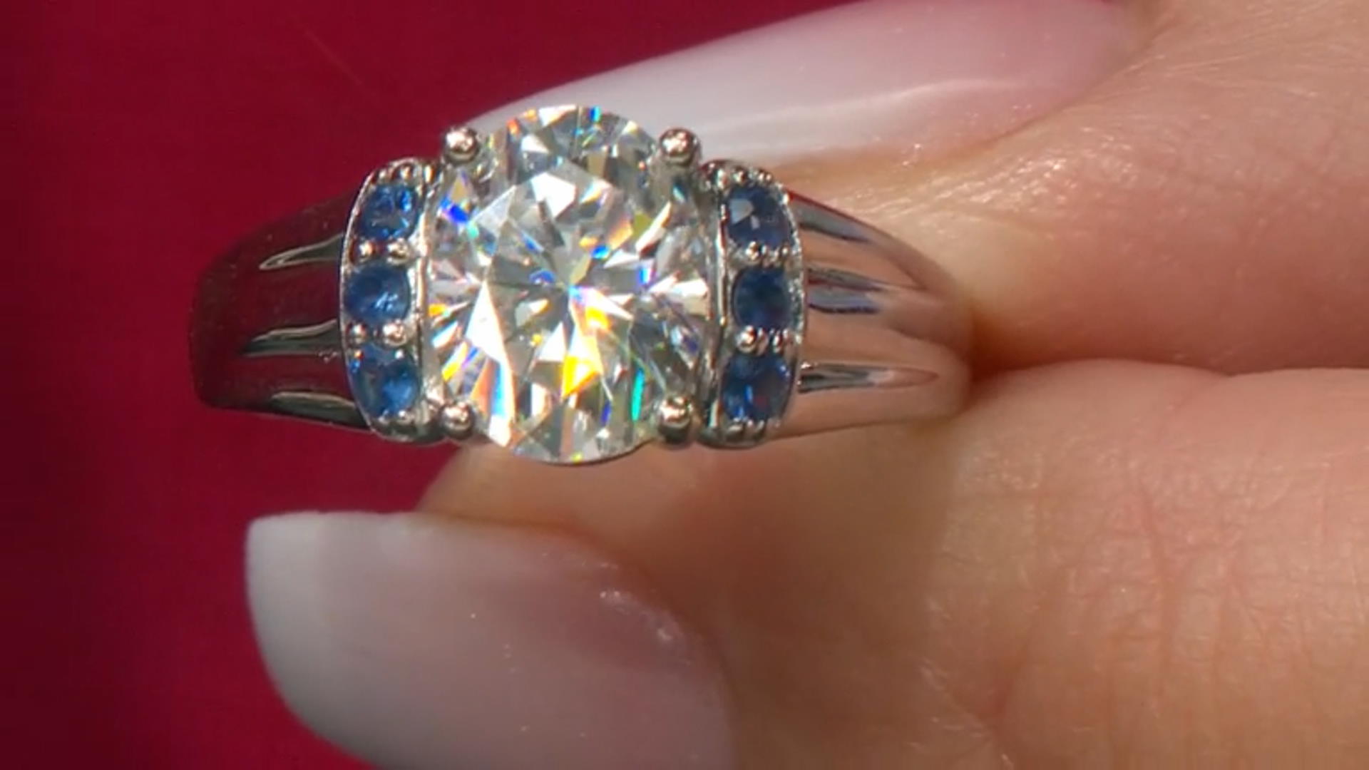 Moissanite and Blue Sapphire Platineve Ring 2.10ct DEW Video Thumbnail