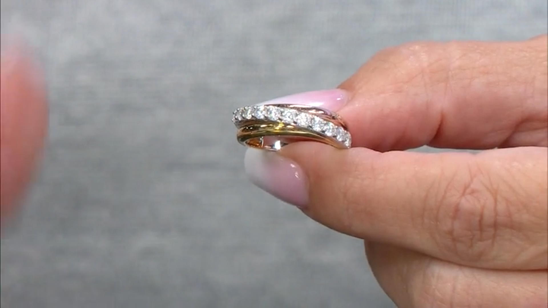 Moissanite platineve with 14k rose and yellow gold over sterling silver ring .66ctw DEW. Video Thumbnail