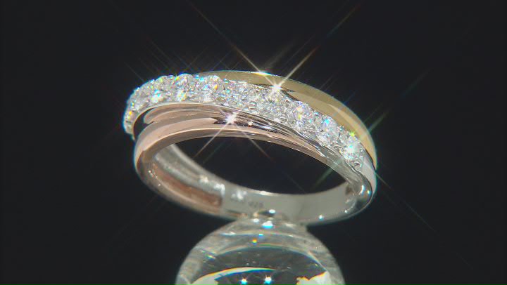 Moissanite platineve with 14k rose and yellow gold over sterling silver ring .66ctw DEW. Video Thumbnail