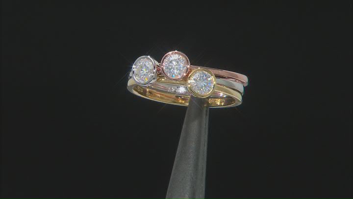 Moissanite Platineve and 14k rose and yellow gold over sterling silver ring set of three .69ctw DEW Video Thumbnail