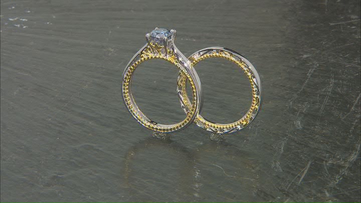 Blue moissanite platineve and 14k yellow gold over silver ring and band .80ct DEW Video Thumbnail