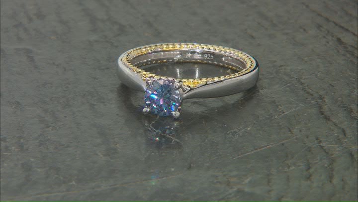 Blue moissanite platineve and 14k yellow gold over silver ring and band .80ct DEW Video Thumbnail