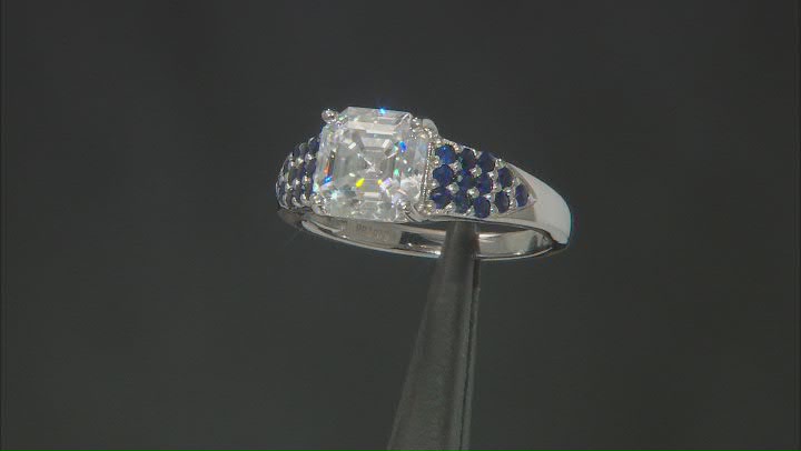 Moissanite And Blue Sapphire Platineve Ring 2.96ct DEW. Video Thumbnail