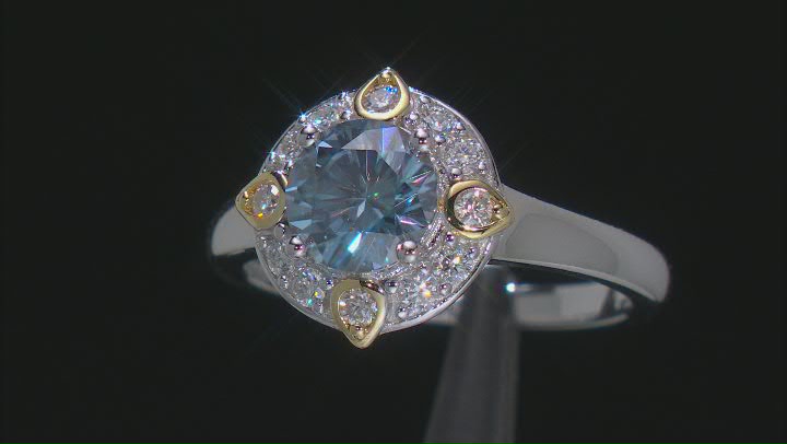 Blue and colorless moissanite platineve and 14k yellow gold over silver ring 1.56ctw DEW Video Thumbnail