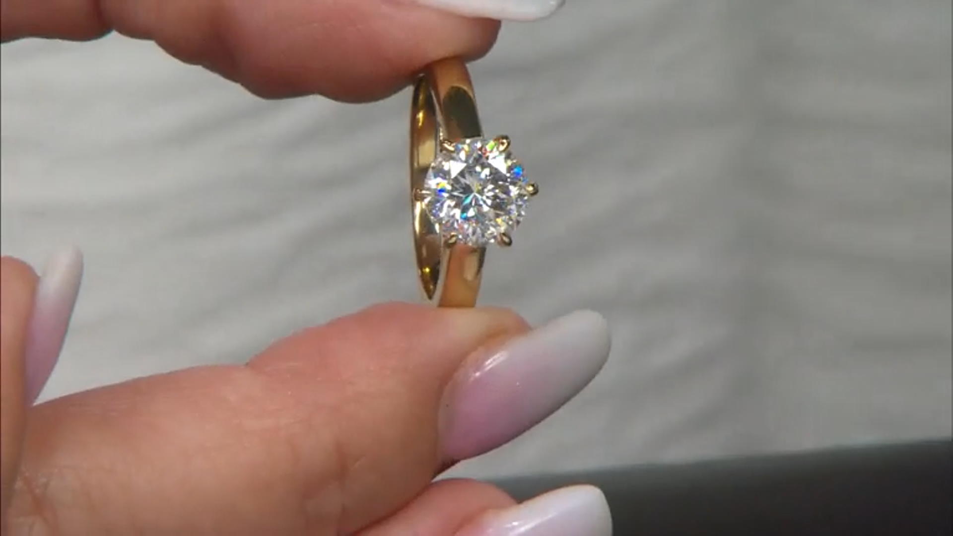 Moissanite Inferno cut 14k yellow gold over sterling silver solitaire ring 2.17ct DEW. Video Thumbnail