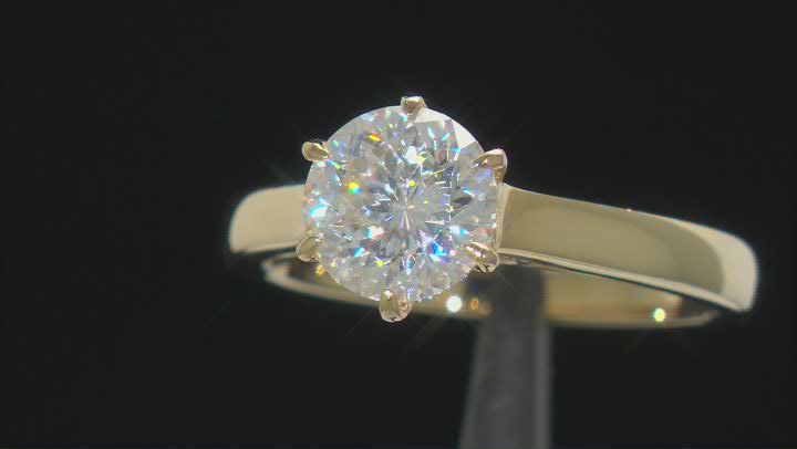 Moissanite Inferno cut 14k yellow gold over sterling silver solitaire ring 2.17ct DEW. Video Thumbnail