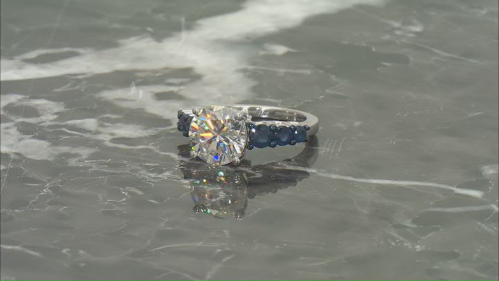 Moissanite and blue sapphire platineve ring 3.76ctw DEW Video Thumbnail
