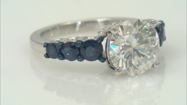 Moissanite and blue sapphire platineve ring 3.76ctw DEW Video Thumbnail