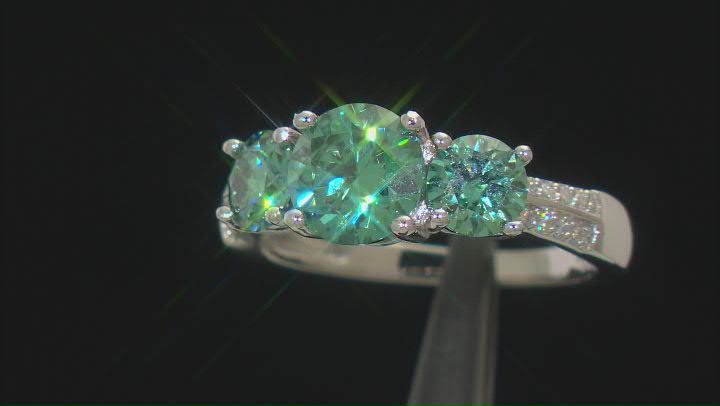 Green and Colorless Moissanite Platineve 3 Stone Ring 2.36ctw DEW Video Thumbnail
