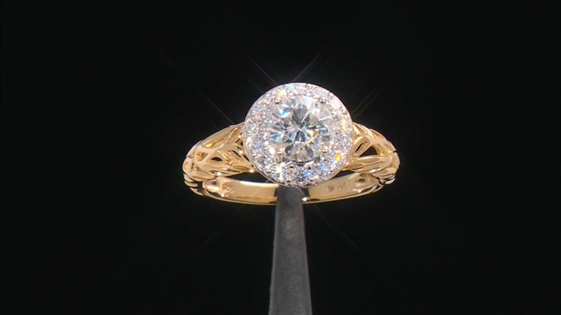 Moissanite 14k yellow gold over silver halo ring 1.62ctw DEW. Video Thumbnail
