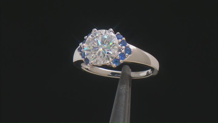 Moissanite And Blue Sapphire Platineve Ring 3.10ct DEW. Video Thumbnail