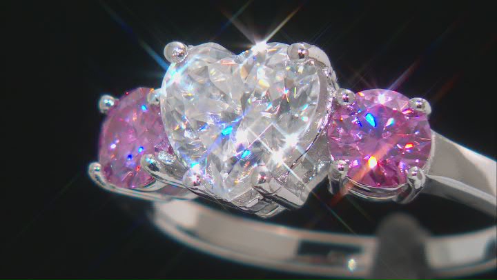 Colorless And Pink Moissanite Platineve Heart Ring 3.18ctw DEW. Video Thumbnail