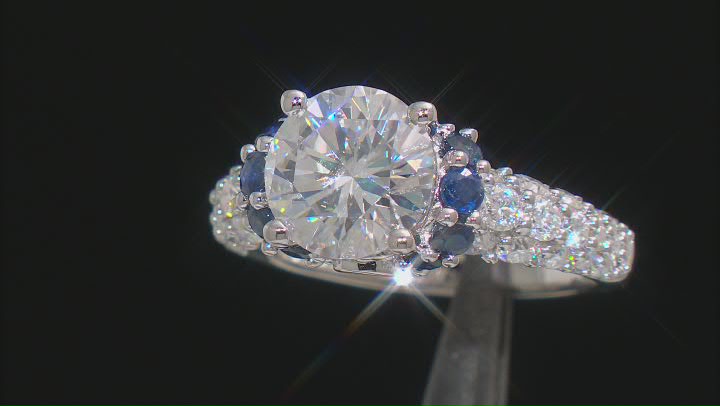 Moissanite And Blue Sapphire Platineve Ring 3.88ct DEW. Video Thumbnail