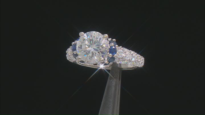 Moissanite And Blue Sapphire Platineve Ring 3.88ct DEW. Video Thumbnail