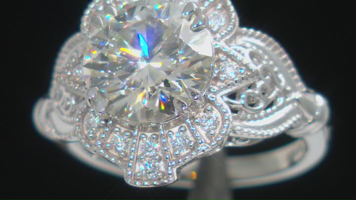 Moissanite platineve vintage style ring 3.88ctw DEW Video Thumbnail