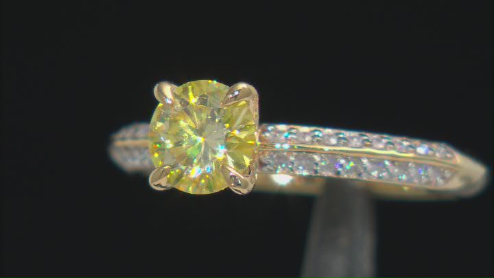 Yellow and colorless moissanite 14k yellow gold over sterling silver ring 1.32ctw DEW. Video Thumbnail