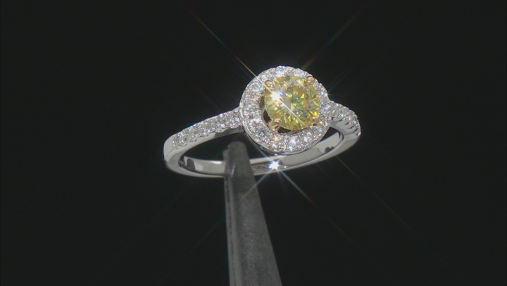 Yellow and colorless moissanite platineve halo ring 1.28ctw DEW Video Thumbnail