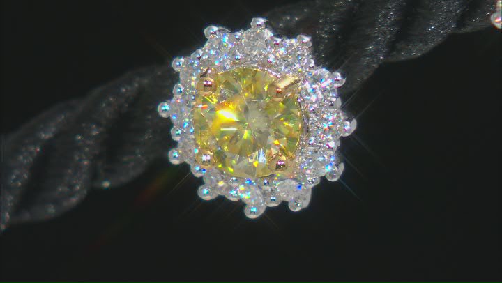 Yellow and colorless moissanite platineve halo earrings 2.32ctw DEW. Video Thumbnail