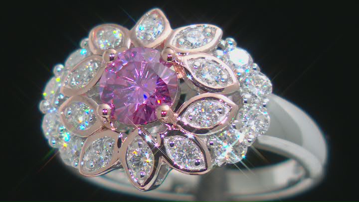 Pink and colorless moissanite platineve two tone ring 1.58ctw DEW. Video Thumbnail
