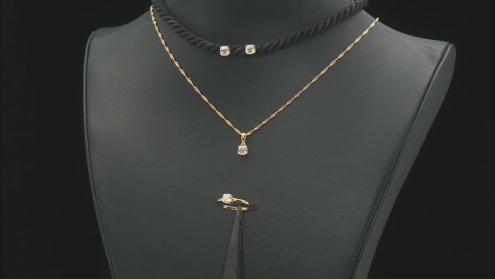 Moissanite 14k Yellow Gold Over Silver Ring, Stud Earrings, and Pendant with Chain Set 1.20ctw DEW Video Thumbnail