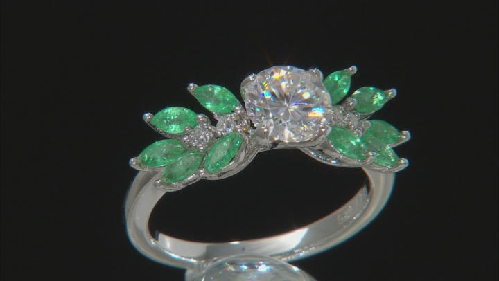 Moissanite And .70ctw Zambian Emerald Platineve Ring 1.32ctw D.E.W Video Thumbnail