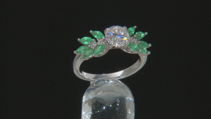 Moissanite And .70ctw Zambian Emerald Platineve Ring 1.32ctw D.E.W Video Thumbnail