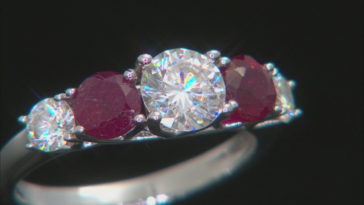 Moissanite And Ruby Platineve Ring 1.46ctw DEW Video Thumbnail