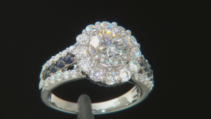Moissanite And Blue Sapphire Platineve Ring 3.02ctw DEW Video Thumbnail