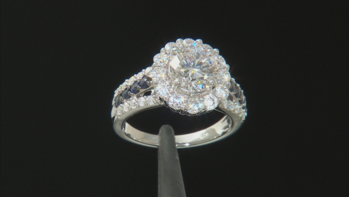 Moissanite And Blue Sapphire Platineve Ring 3.02ctw DEW Video Thumbnail