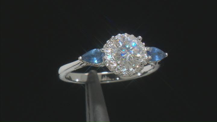 Moissanite Fire® 1.51ctw DEW And .52ctw Blue Sapphire Platineve™ Ring Video Thumbnail