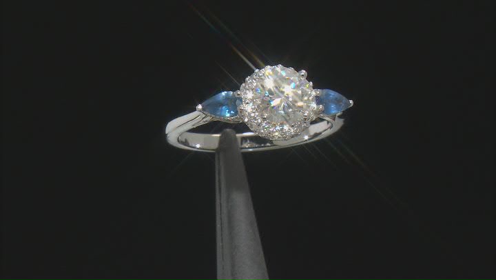 Moissanite Fire® 1.51ctw DEW And .52ctw Blue Sapphire Platineve™ Ring Video Thumbnail
