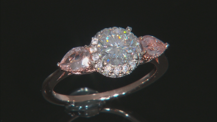 Moissanite Fire® 1.51ctw DEW And .66ctw Morganite 14k Rose Gold Over Silver Ring Video Thumbnail