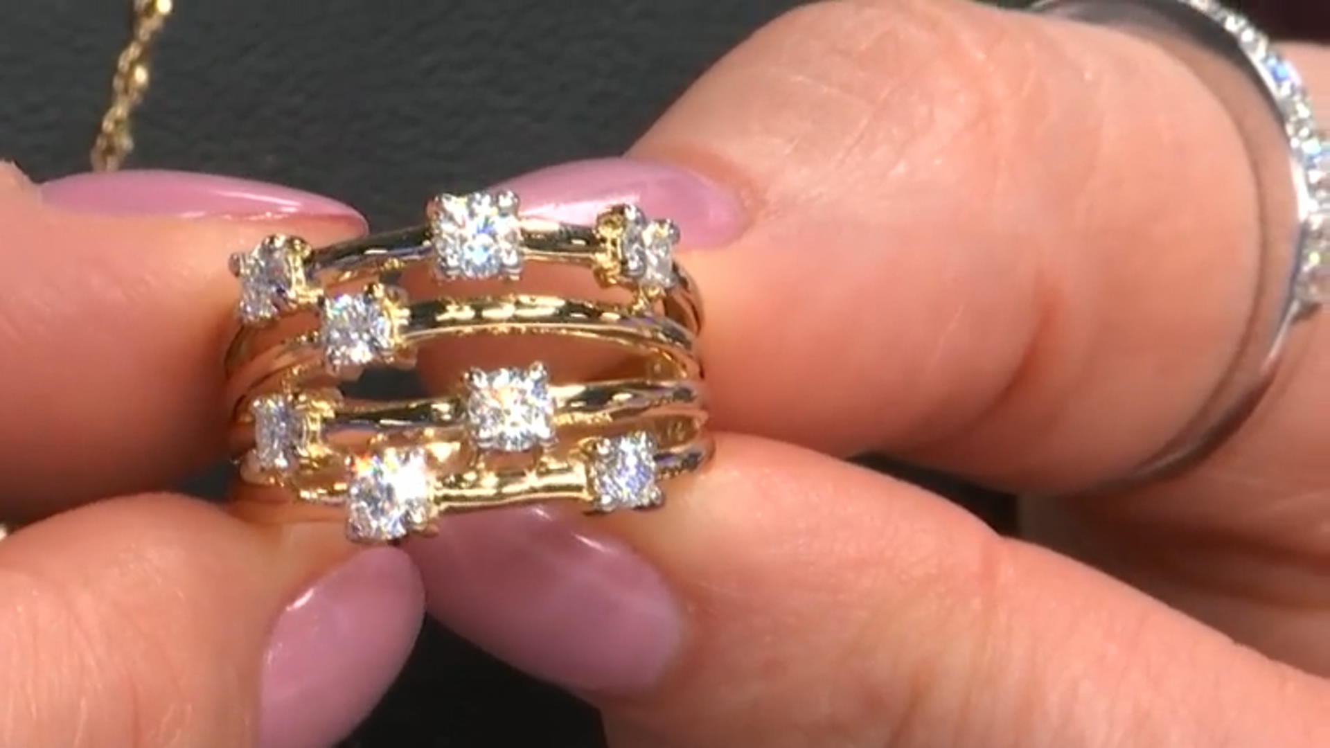 Moissanite 14k yellow gold over silver scatter design  ring .98ctw DEW. Video Thumbnail