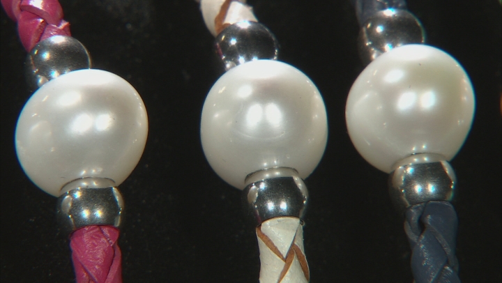 Cultured Freshwater Pearl Imitation Leather Silver Tone Bangle Set Video Thumbnail