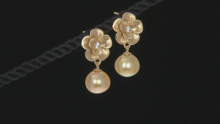 Golden Cultured South Sea Pearl And White Zircon 18k Yellow Gold Over Silver Flower Drop Earrings Video Thumbnail