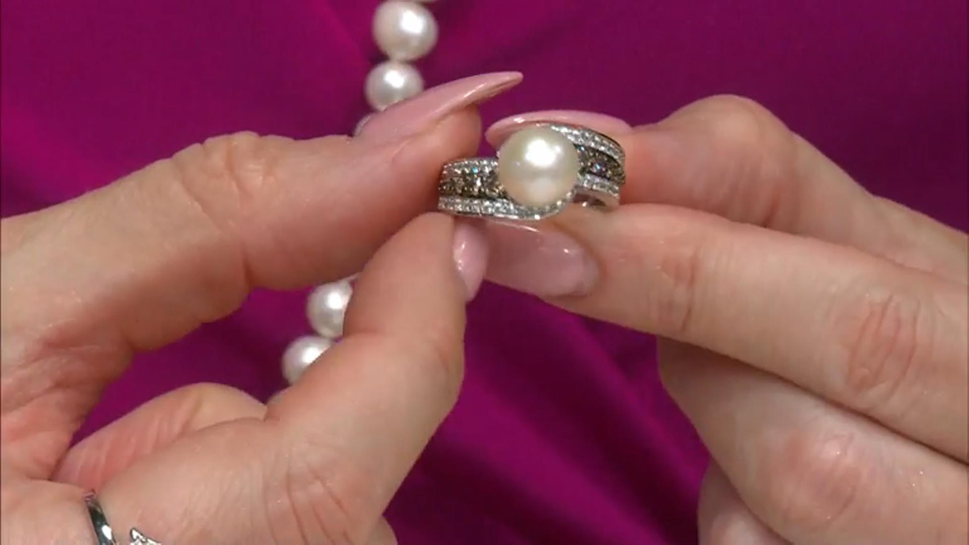 White Cultured Freshwater Pearl With Champagne Diamonds & Zircon Rhodium Over Silver Ring 0.75ctw Video Thumbnail