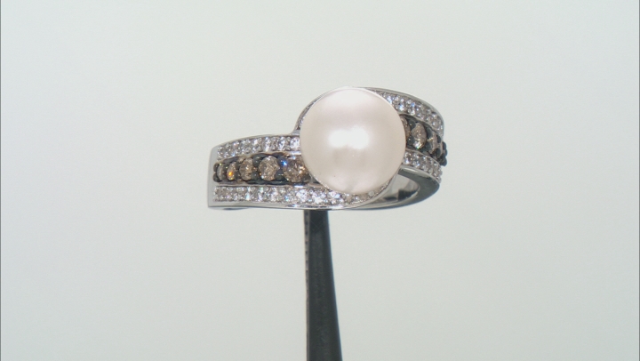 White Cultured Freshwater Pearl With Champagne Diamonds & Zircon Rhodium Over Silver Ring 0.75ctw Video Thumbnail
