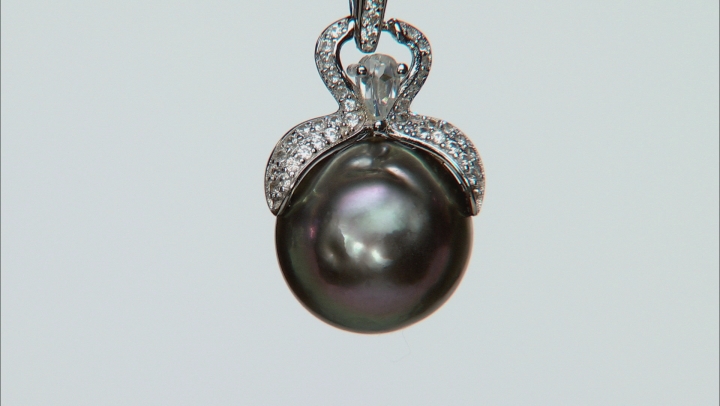 Cultured Tahitian Pearl 14mm With White Zircon Rhodium Over Sterling Silver Pendant With Chain Video Thumbnail