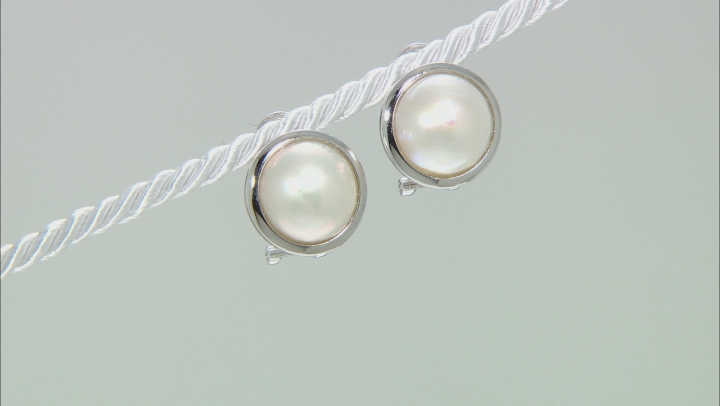 White Cultured South Sea Mabe Pearl 12mm Rhodium Over Sterling Silver Earrings Video Thumbnail